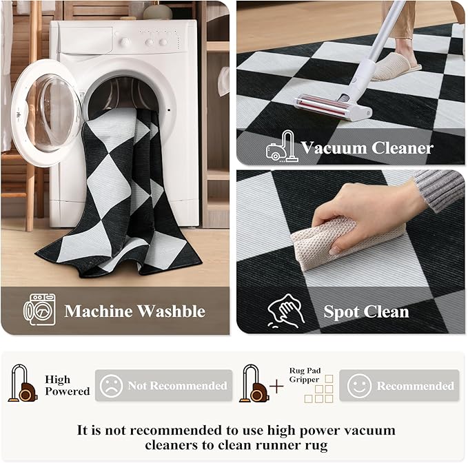 Beeiva Checkered Print Washable Rug Runners for Hallways Non Slip 2.5x10, Ultra Thin Black Kitchen Runner Stain Resistant Hallway Runner Rug 10 ft, Checkerboard Carpet for Bathroom Entryway Decor
