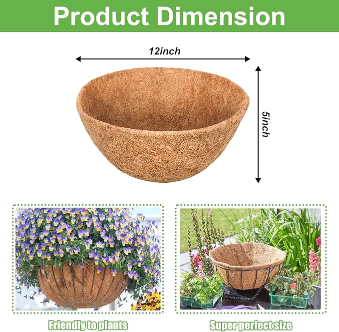 Riare 2 Pack 12 Inch Round Coco Liners Replacement, 100% Natural Coconut Coir Liners for Hanging Baskets, Garden Flower Vegetables Planter Pot, Window Box, Fence, Decks