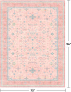 Washable Pink and Blue 6x8 Boho Rugs for Bedroom Girls, Living Room Kids Playroom Nursery Room, Modern Floral Distressed Design, Soft Low Pile Non Slip Stain Resistance Carpet