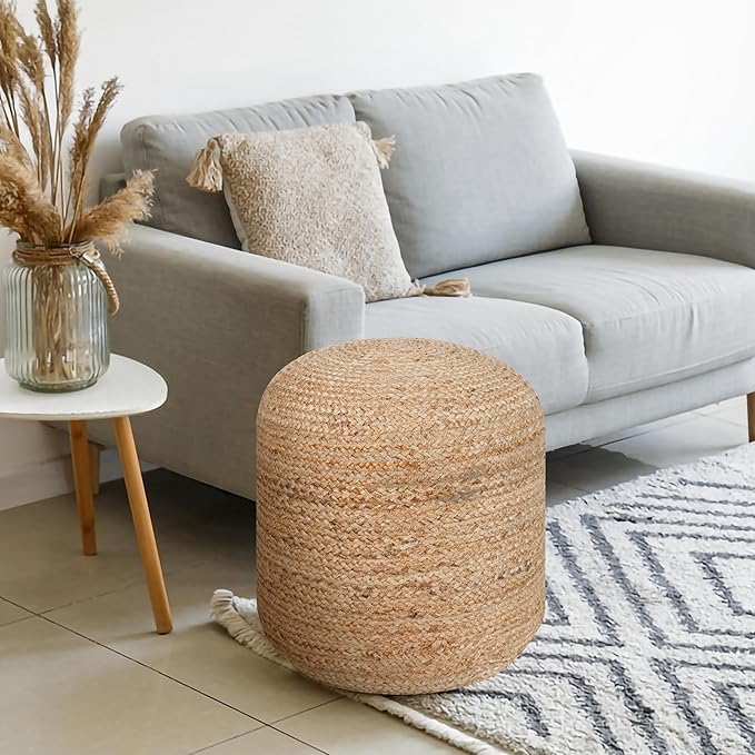 Palisa Ottoman Jute Pouf Handmade Knitted Poof Bean Bag Filling | Boho Pouffe for Living Room & Bedroom | Foot Rest Poufs for Office Home Decor (Natural, 16" D x 16" W x 18" H)
