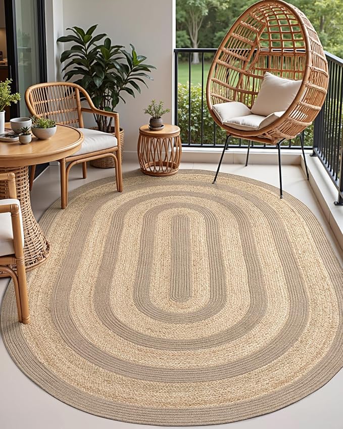 DEXI Jute Area Rug Natural Fiber 5x8 Oval, Woven Braided Durable Farmhouse Design Rugs for Living Room, Bedroom Dinning Room Office Outdoor Patio, Natural/Beige