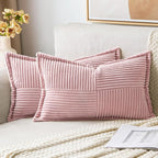 MIULEE Spring Decorative Lumbar Throw Pillow Covers for Couch Bed Livingroom 12x20 Inch Set of 2 Pink Boho Accent Throw Pllows Broadside Striped Patchwork Soft Corduroy Pillowcases Valentine Decor