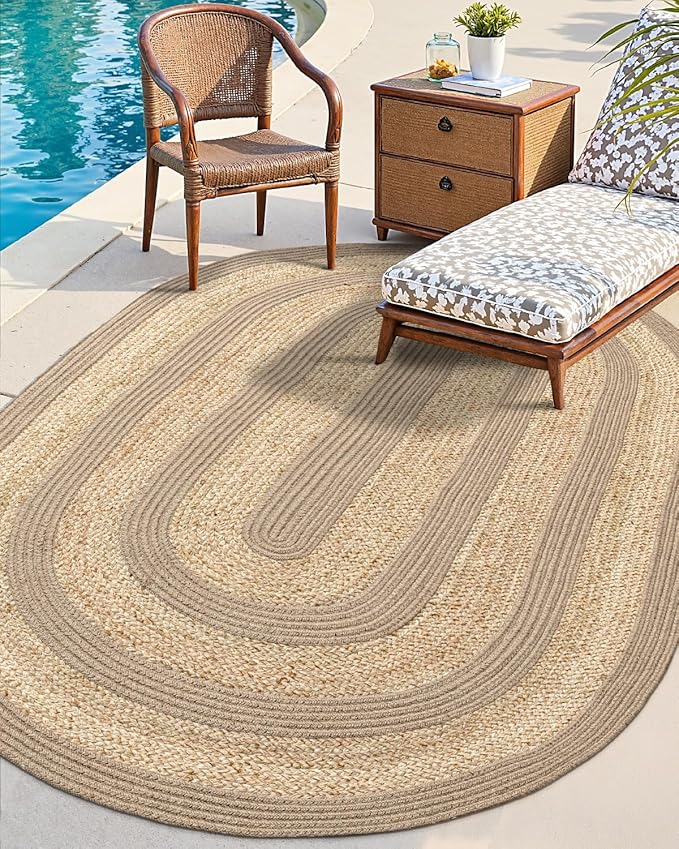 DEXI Jute Area Rug Natural Fiber 4x6 Oval, Woven Braided Durable Farmhouse Design Rugs for Living Room, Bedroom Dinning Room Office Outdoor Patio, Natural/Beige