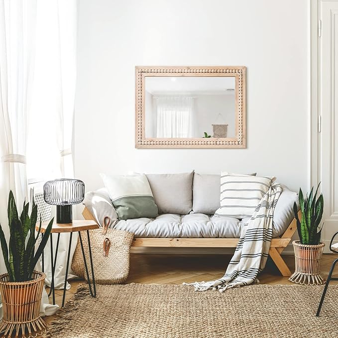 H HOMEWINS Rustic Rectangle Mirror,22x30 Wooden Farmhouse Mirrors,Boho Bathroom Wall-Mounted Nature Beads Decor Mirror for Bedroom, Living Room,Vanity,Entryway,Over Sink
