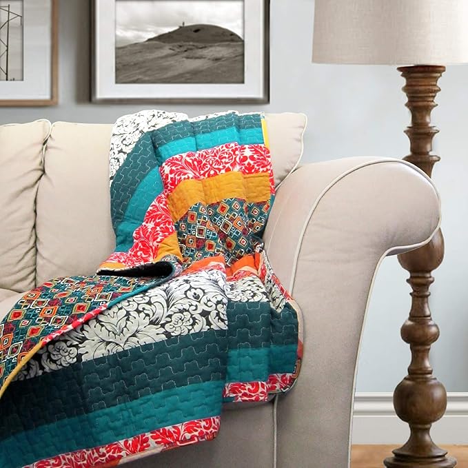 Lush Decor Boho Stripe Reversible Cotton Throw Blanket, 50" W x 60" L, Turquoise & Tangerine - Striped Throw Blankets for Bed - Couch Blanket - Boho Throw Blanket for Couch