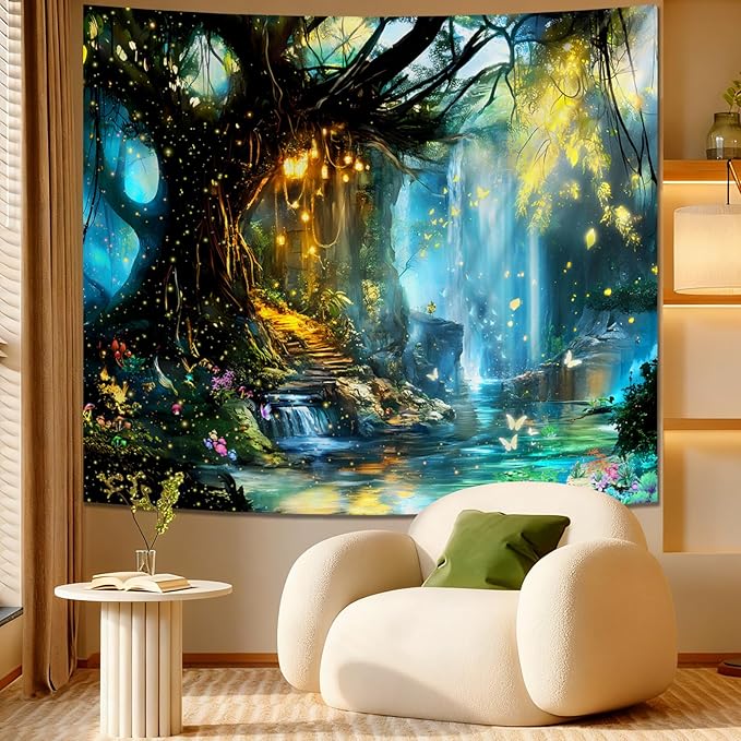 Apdidl Forest Nature Tapestry for Bedroom, Tree of Life Fantasy Backdrop Wall Mural Tapestries, Fairy Tales Magical Waterfall Landscape Large Tree Butterfly Wall Hanging for Living Room Decor 51"X60"