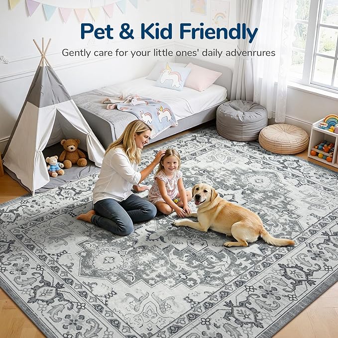 Lessymo Area Rugs 9x12 Living Room- Large Area Rug Machine Washable Area Rug for Bedroom Living Room, Vintage Rugs Boho Floral Medallion, Non-Slip Rubber, Low Pile, Kid & Pet Friendly, Grey White