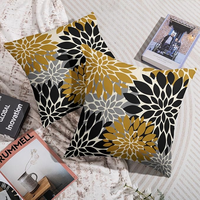 Black Mustard Yellow Pillow Covers 22X22 Inch Set of 2, Spring Summer Floral Dahlia Flower Cream Decorative Throw Pillow Covers Outdoor Modern Farmhouse Cushion Case for Home Couch Sofa Bed Decor