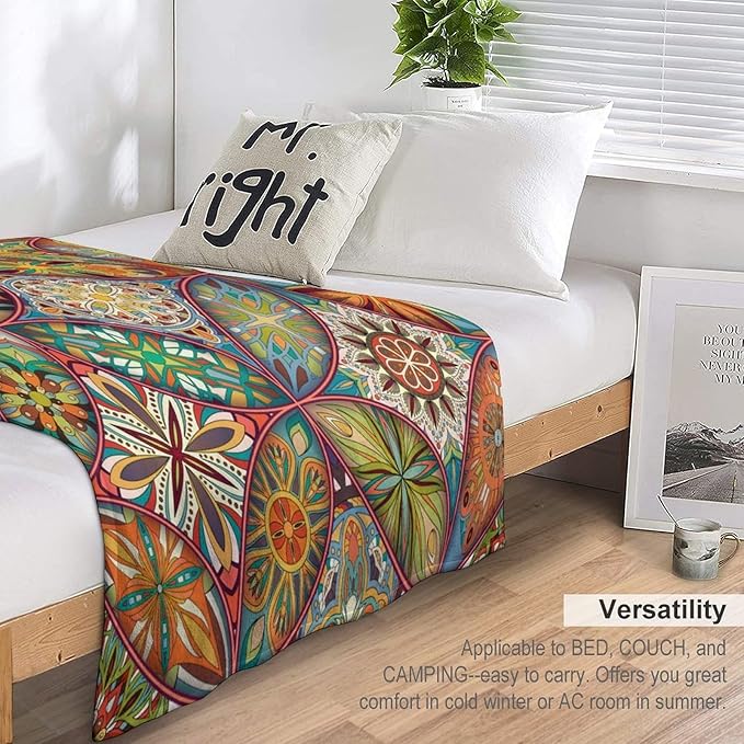 Boho Floral Throw Blanket Colorful Mandala Bohemian Indian Hippie Vintage Blanket for Sofa Bed Couch Chair or Dorm 70"x80"