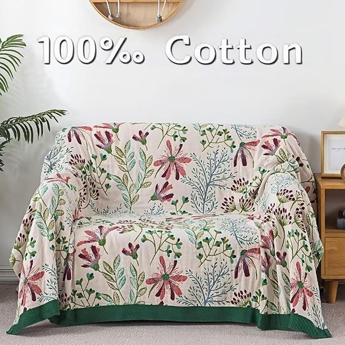 Boho Blanket for Bed 100% Cotton Bohemian Throw Blankets Ultra Soft Woven Muslin Decorative Blankets All Seasons Vintage Quilt Knitted Blanket for Sofa Chair(Green, 50"x60")