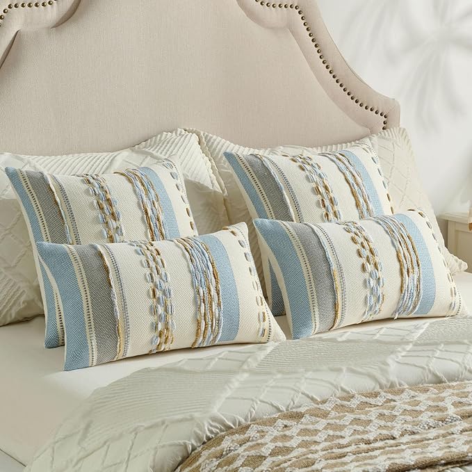 FUTEI Blue Brown Decorative Throw Pillow Covers 20x20 Inch Set of 2, Soft Tufted Striped Textured Accent Cushion Case,Boho Pillows for Couch Decor