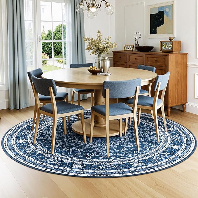 Lessymo 4FT Washable Round Area Rugs for Living Room, Non Slip Circle Rugs Low Pile Vintage Carpet for Bedroom, Dining Room, Nursery, Home Office, Blue White
