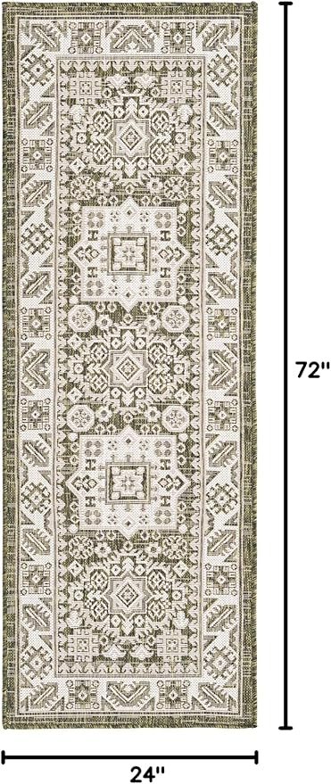 Rugs.com Outdoor Aztec Collection Rug – 6 Ft Runner Green Flatweave Rug Perfect for Hallways, Entryways