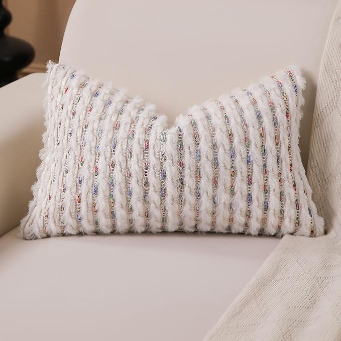 Boho Lumbar Pillow Cover 12x20 Inch Pack of 1 Farmhouse Rectangle Decorative Couch Throw Pillow Cover Colorful Chenille Tufted Striped Pillowcase for Living Room Sofa Bed