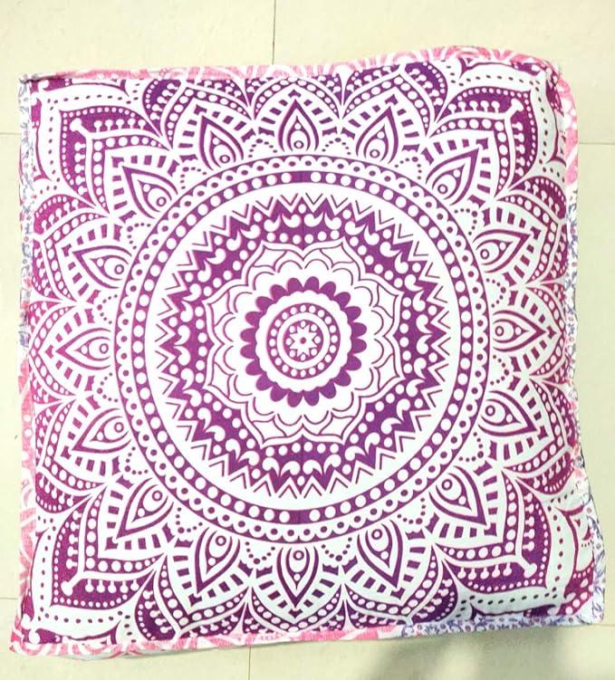 INDIAN CRAFT CASTLE 24" Pink Ombre Mandala Barmeri Large Floor Pillow Cover Cushion Meditation Seating Ottoman Throw Cover Hippie Decorative Zipped Bohemian Pouf Ottoman Pom Pom Cases 24" Square