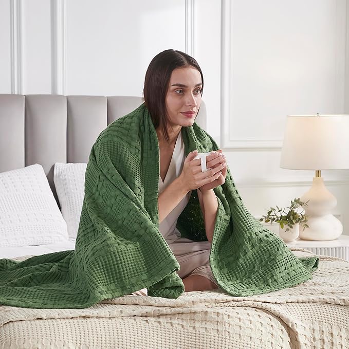 VHC Brands 100% Cotton Waffle Weave Olive Green Throw 50x60, Decorative Cotton Throw Blanket, Boho Farmhouse Bedroom, Living Room Decor for Bed, Couch, or Sofa