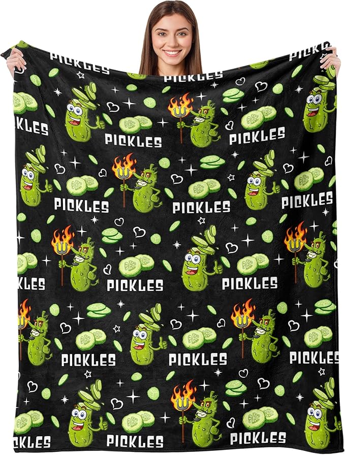 Aipon Pickle Blanket Gifts for Pickle Lovers, Funny Food Cucumber Blankets 50"x 60", Black Soft Cozy Lightweight Throw Blanket for Women Kids Teens Boys Girls