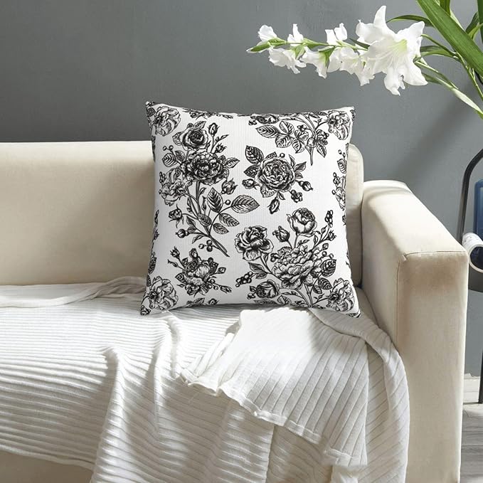 Black Floral Throw Pillow Covers 18x18 Inch Vintage Flower Black White Decorative Pillow Covers Set of 2 Farmhouse Pillowcases Square Cushion Covers for Couch Bed Sofa Chair Car Decor