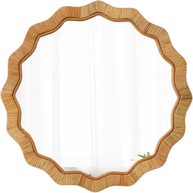 Boho Scalloped Rattan Round Mirror 24 Inches, Hanging Decorative Farmhouse Circle Mirror for Wall Decor Living Room Hallway Entryway, Handmade Coastal Circular Vanity Mirrors for Bathroom