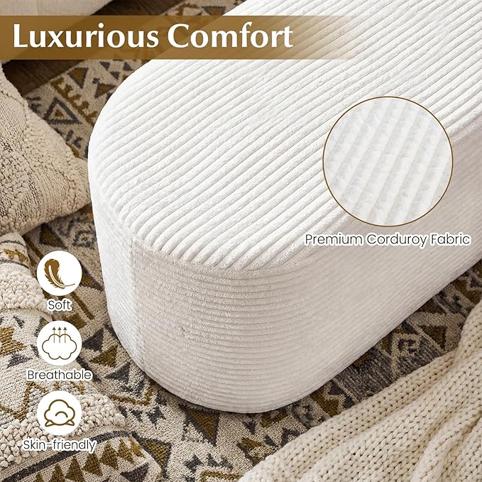 Giantex Stuffed Pouf Ottoman Bench, 47" Plush Corduroy End of Bed Bench with High-Density Sponge, Oval Ottoman Foot Rest for Living Room, Entryway, Hallway, Beige