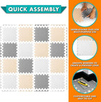 ProSource Foam Puzzle Floor Play Mat for Kids and Babies with Solid Colors, 36 or 16 Interlocking Tiles with Borders, White/Grey/Beige