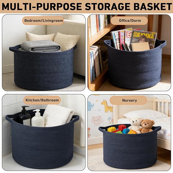 65L Large Blanket Basket,19.7" L x 19.7" W x 13" H Rope Woven Baskets with Handles, Toys Storage Bins,Laundry Basket Perfect for Living Room, Nursery,Bedroom,Home Organization,Dark Blue