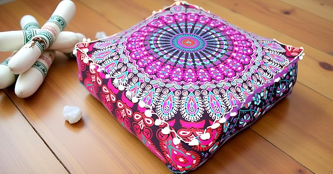 CRAFT KALA Pink Peacock Large Hippie Mandala Meditation Floor Ottoman Pillow Cushion Pouf Cover Square Poufs Bohemian Circle Floor Cushion Case Outdoor Fireplace Living Room Decor Cover 18" Square