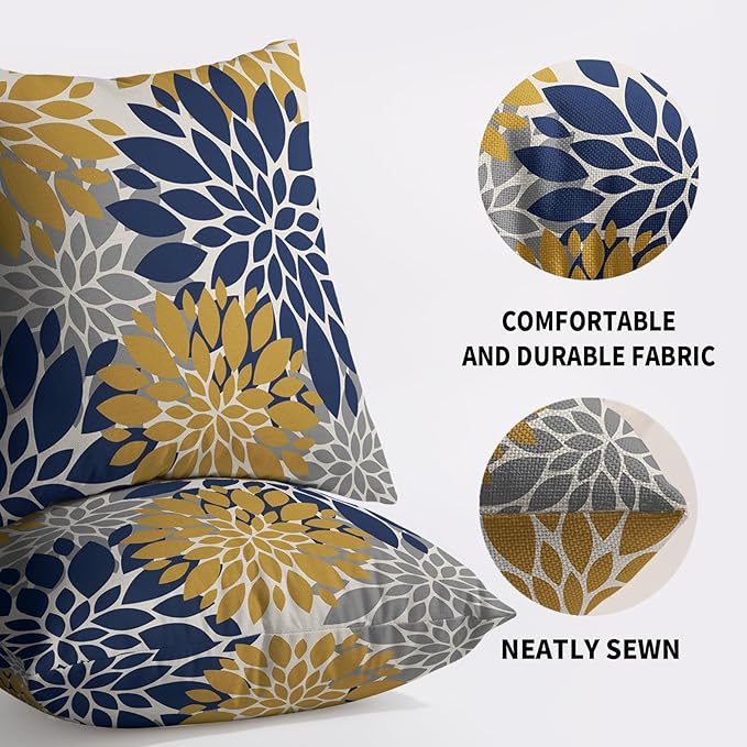 Navy Blue Yellow Pillow Covers 20X20 Inch Set of 2, Modern Geometry Dahlia Floral Print Decorative Throw Pillow Covers Outdoor Farmhouse Cushion Case for Home Couch Sofa Bed Decoration