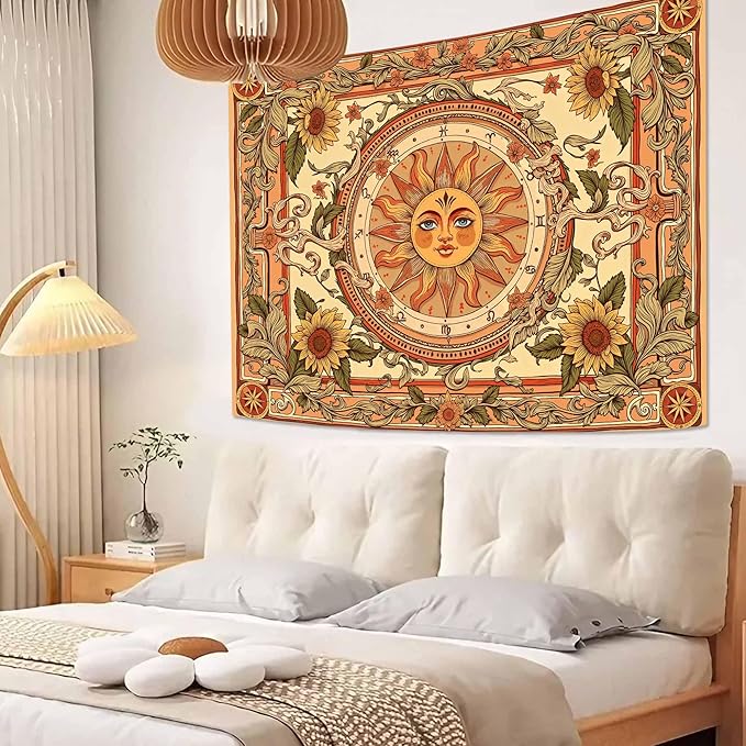 Accnicc Yellow Sun Tapestry Boho Floral Sunflower Plant Wall Tapestry for Bedroom Aesthetic Vintage Flower Celestial Small Tapestries Wall Hanging for Dorm Living Room Decor 48 x 36 Inch