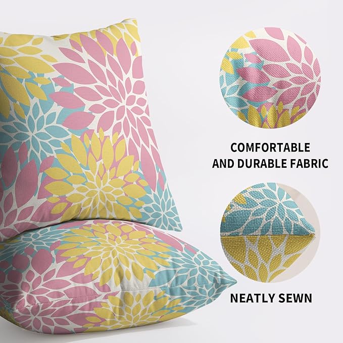 Spring Pillow Covers 20X20 Inch Set of 2, Yellow Pink Blue Colored Floral Colorful Easter Themed Flower Decorative Throw Pillow Covers Outdoor Farmhouse Cushion Case for Couch Sofa Bed Decor