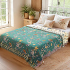 Boho 100% Cotton Large Throw Blanket King - All Season Rustic Ultra Soft Breathable Floral Bird Blanket for Bed Sofa Couch Chair Bedspread Quilt Gift, 91" x 108"-Teal/Beige