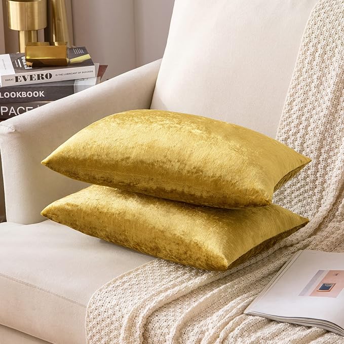 MIULEE Velvet Throw Pillow Covers 12x20 Inch, Pack of 2 - Golden, Soft Solid Lumbar Decorative Pillow Covers Modern Luxury Home Decor for Chair Couch Sofa Bedroom Livingroom