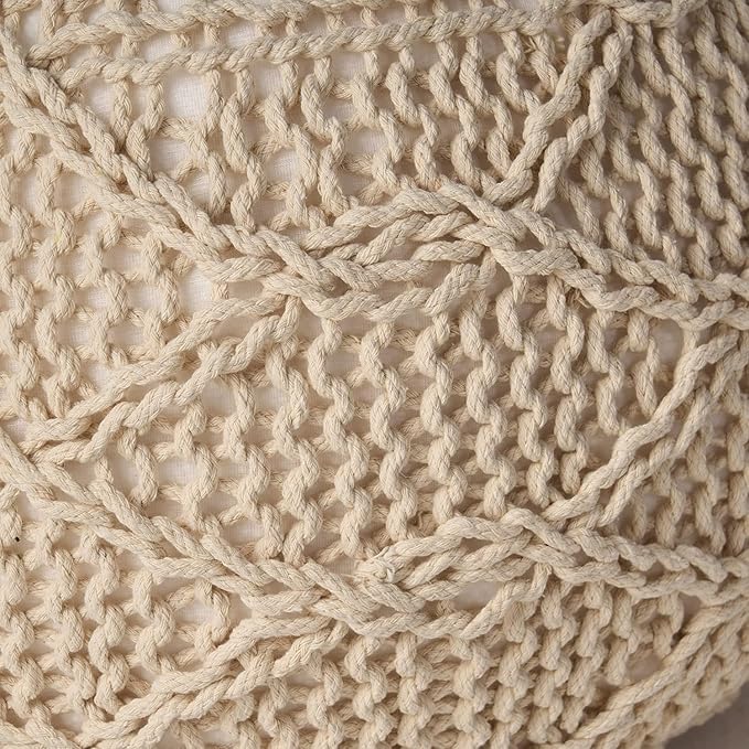 Knitted Cotton Round Pouf - 20x20, Modern Design, Soft Cotton, No Assembly, Porch Ottoman for Living Room, Gray, Ivory (Pouf - Ivory)