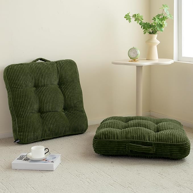 HIGOGOGO Floor Pillow Cushion for Adults, Meditation Cushion Pillow, Large Square Floor Sitting, Tufted Corduroy Cover, for Tatami Living Room or Yoga, 22x22 Inch, 2Pack, Dark Green