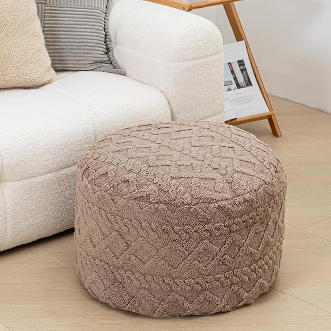 Round Ottoman Stuffed 20x12 Inches Floor Pouf Chair for Living Room Bedroom Modern Foam Pouf Ottoman Foot Rest for Couch Home Décor Pouffe (Light Coffee Pouf with Filler)