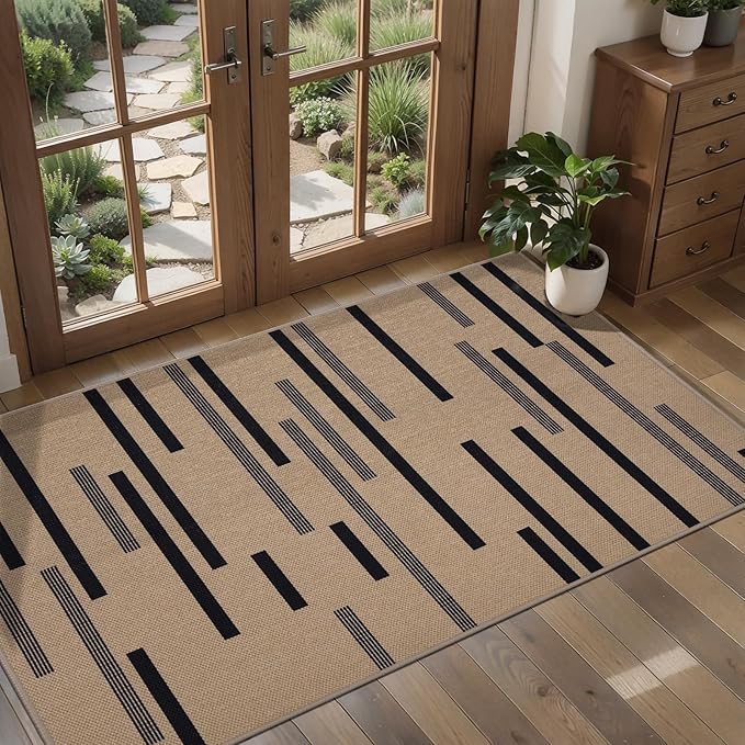 Tangsoo Modern Easy Jute 2x4 Rug for Entryway,Washable Thin Outdoor Door Mat,Non-Slip Indoor Floor Carpet Farmhouse Irregular Stripe Small Throw Mat for Kitchen Hallway Bedroom Front Porch Entrance