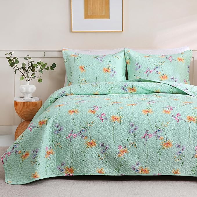 JSD Green Floral Quilt Set King Size, 3 Piece Printed Bedspreads Coverlet with Pillow Sham, Soft Microfiber Quilted Blanket