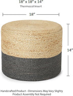 REDEARTH · Cylindrical Pouf Foot Stool Ottoman - Jute Braided Pouffe Poof Accent Sitting Footrest for Living Room, Bedroom, Nursery, Patio, Lounge & Other Rooms (Natural Gray, 18"X18"X14")