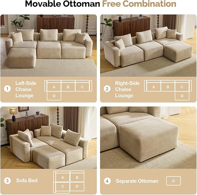 VINGLI 112.2“ Convertible Corduroy Cloud Sectional Couches with Movable Ottoman, L-Shaped Boneless Couches for Living Room with Deep Seat, 3 Seater Modular Spineless Sofa, No Assembly Required, Khaki