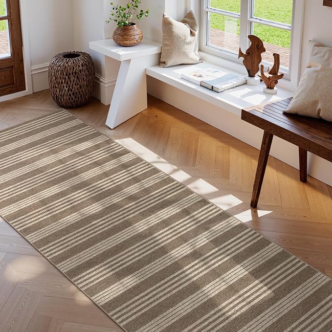 Lahome Elance Striped Washable Runner Rug, 2x8 Easy Jute Hallway Kitchen Runner, Farmhouse Non Slip Non Shedding Indoor Outdoor Carpet for Entry Corridor Foyer, Khaki