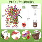 Artificial Flowers Hanging Baskets, 4 Bundles Outdoor Hanging Basket Spring Summer Decoration, No Fade Realistic Fake Flowers Plants for Porch Patio Balcony Home Yard Decor(Red Purple)