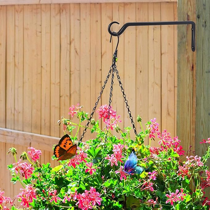 2 Pack Premium Forged Wall Hook, Sturdy Hanging Plant Bracket, Elegant Hook for Bird Feeders, Planters, Lanterns, Wind Chimes Indoor Outdoor, Upgrade Black, 12 Inch
