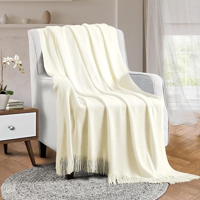 Vonty Ivory White Knitted Blanket with Tassels Fringe 50" x 60", Super Soft Knit Throw Blanket, Farmhouse Decorative Lightweight Blanket for Couch, Sofa, Bed