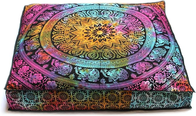 Large Hippie Mandala Round Floor Pillow Cover Ottoman Pouf Cover Daybed Cotton Cushion Cover with Heavy Duty Zipper Seating Ottoman Poufs Dog-Pets Bed (MUlti Elephant Flower, 35" Square)