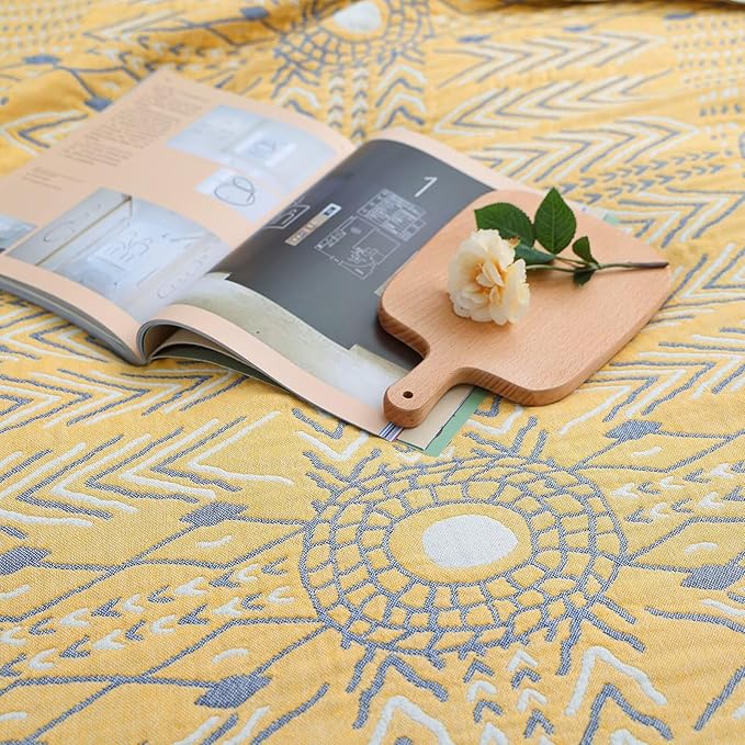 100% Cotton Soft Boho Throw Blanket for Bed 60x80,Muslin Breathable Lightweight Gauze Spring Blankets for Couch Sofa All Seasons,Bohemian Decor Floral Quilt Rustic Throw Blanket,Yellow