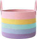 115L Extra Large Blanket Basket for Living Room - Woven Cotton Rope Laundry Hamper with Reinforced Handles - Storage Bin for Pillows, Comforters & Toys - Machine Washable,Rainbow