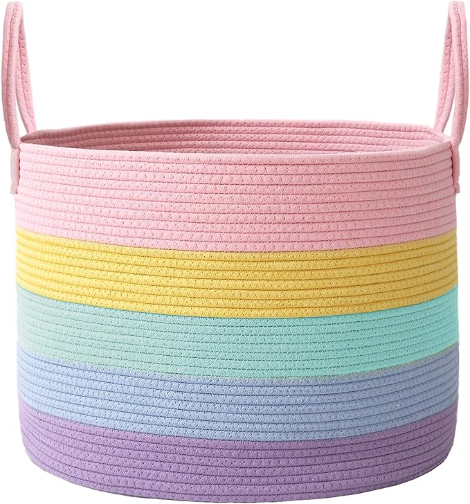 115L Extra Large Blanket Basket for Living Room - Woven Cotton Rope Laundry Hamper with Reinforced Handles - Storage Bin for Pillows, Comforters & Toys - Machine Washable,Rainbow