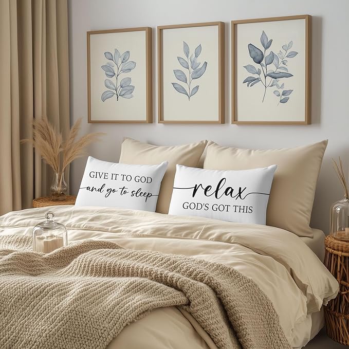Decorative Throw Pillow Covers 12x20 Inch Set of 2 – White Christian Lumbar Pillowcase – Give It to God and Go to Sleep/Relax God’s Got This – Faith Bedroom Bed Decor for Women