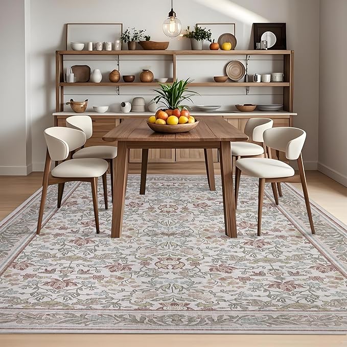 GarveeHome 8x10 Area Rugs Washable Rug for Living Room, Boho Vintage Large Area Rug for Bedroom Soft Non Slip Low Pile Indoor Stain Resistance Throw Carpet for Dining Room Office Beige Pink
