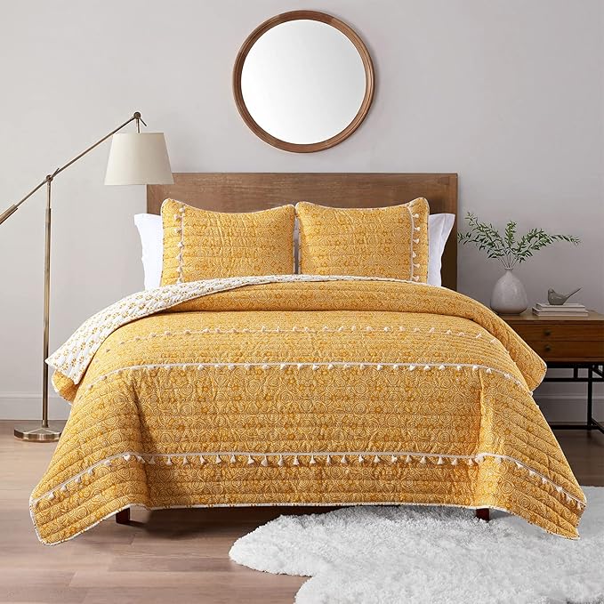 HORIMOTE HOME Boho Style Yellow King Quilt Set with Tassle, Soft and Lightweight Bedspread for All Season, King Size Bed Coverlet with 2 Matching Pillow Shams (3 Pieces)